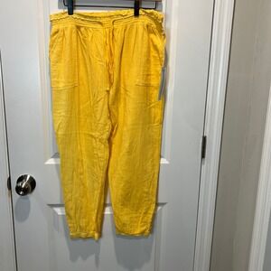 LAGACI Women's Yellow Linen Blend Drawstring Waist Cropped Pants Size XL